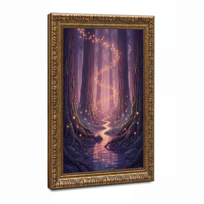 Impression sur toile mauve, "Twilight Forest Stream with Glowing Lights"