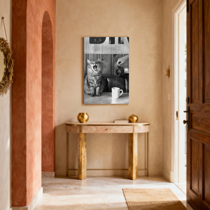 Chat qui baille avec café versant sur toile tendue, reproduction d'art en noir et blanc pour la cuisine ou le salon
