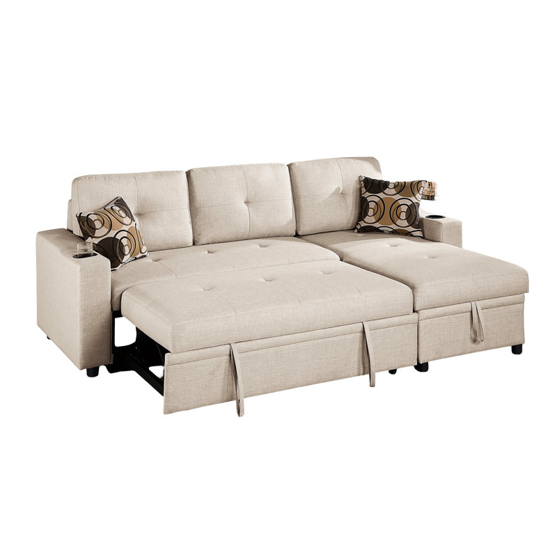 Beige Sectional With Extendable Bed And Convenient Storage Chaise 4 Pullout Bed, Cup Holders Practical Area, Beige
