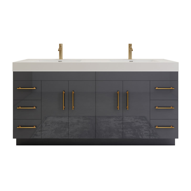 Ensemble de meuble-lavabo double 72 po avec tiroirs et portes, Gris lustré