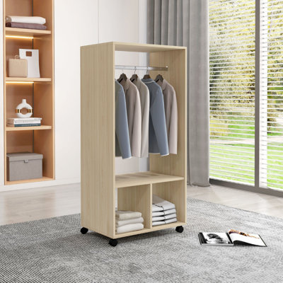 HOMCOM Mobile Open Wardrobe Clothes Rail Storage Shelves Bedroom Natural