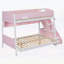 Lit superposé simple au-dessus de double avec escalier à rayures et tablettes latérales, rose, peu encombrant et élégant-133491193-133491195