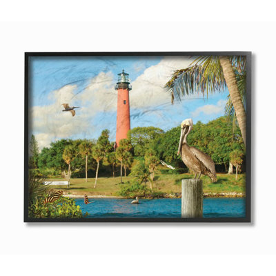 «Juptier Inlet, phare rouge vif avec oiseaux tropicaux et palmiers», reproduction de photo