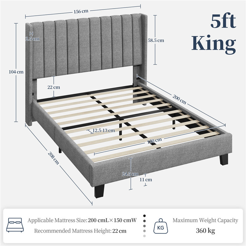 Upholstered Bed Frame with Channel Tufted Headboard, Light Grey, Kingsize (5')