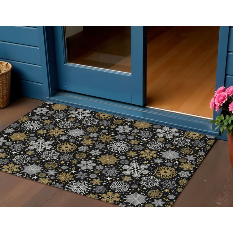 Tapis extérieur lavable flocon de neige noir et or 3 pi x 5 pi