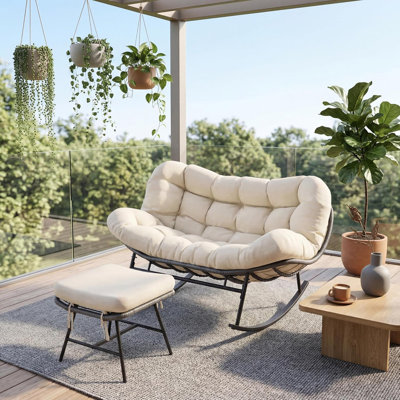Double Papasan Rocking Chair Set – 2-Person Rattan Egg Loveseat with Ottoman for Patio, Living Room