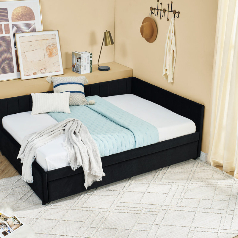 Black Velvet Full Size Upholstered Bed With Trundle, Comfortable Back And , Vertical Stripe Design, Great For Office Living Room, Easy Assembly, Eucalyptus Frame Daybed In Pattern A Contemporary