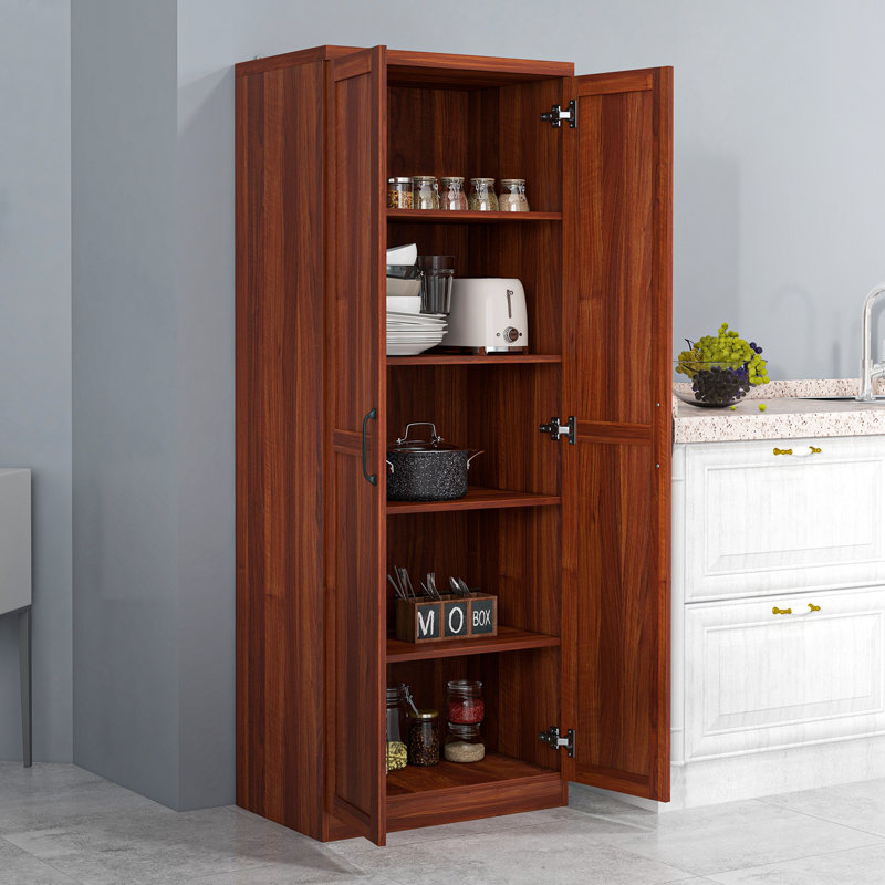 Rangement de cuisine de 63 po, armoire autoportante brun clair. 5 tablettes, 2 tablettes réglables, répond aux besoins de la salle à manger, rangement. Étagère avec look amélioré