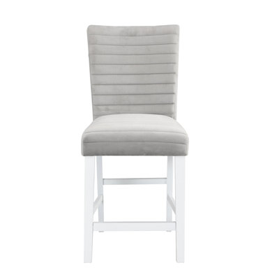 Fauteuil à hauteur de comptoir en velours gris et blanc à finition brillante de 2 pieds, assise à dossier rembourré, coussin de siège épais de 60 mm, 2 ceintures, poches de 3 po sur fond en mousse D20, matériau en bois dur, 19 po