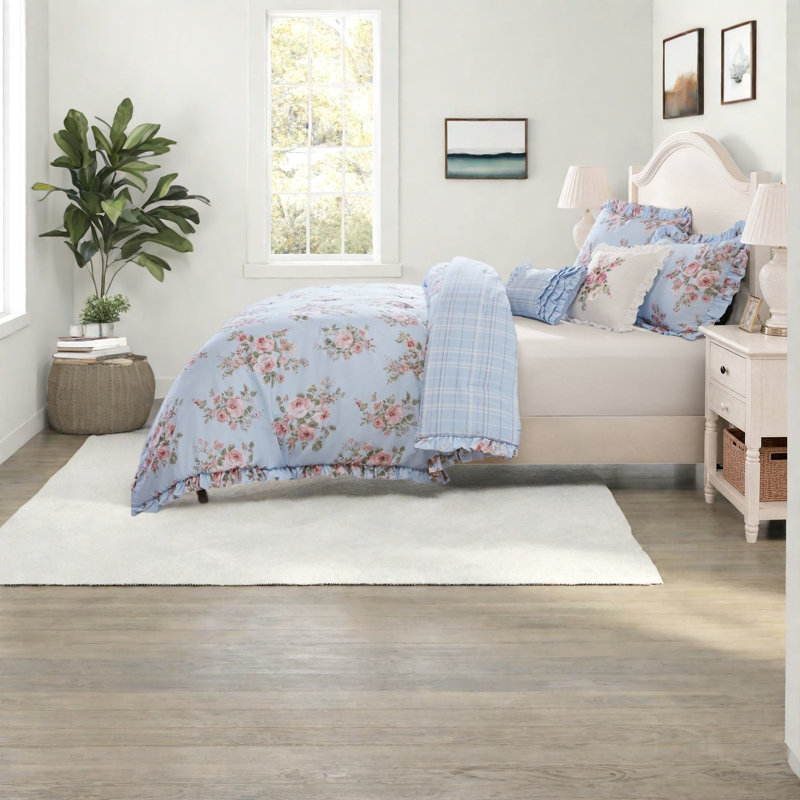 Ensembles de literie à motif floral bleu, très grand édredon en microfibre à bords froncés