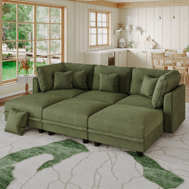 Degennaro 6 Seat Corduroy Convertible Modular Sectional Sleeper With Storage, Green Corduroy