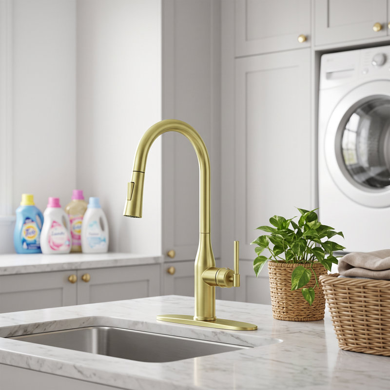 Brushed gold single-handle high-arc kitchen sink faucet with a retractable pull-down spray head; dual-function kitchen sink faucet.