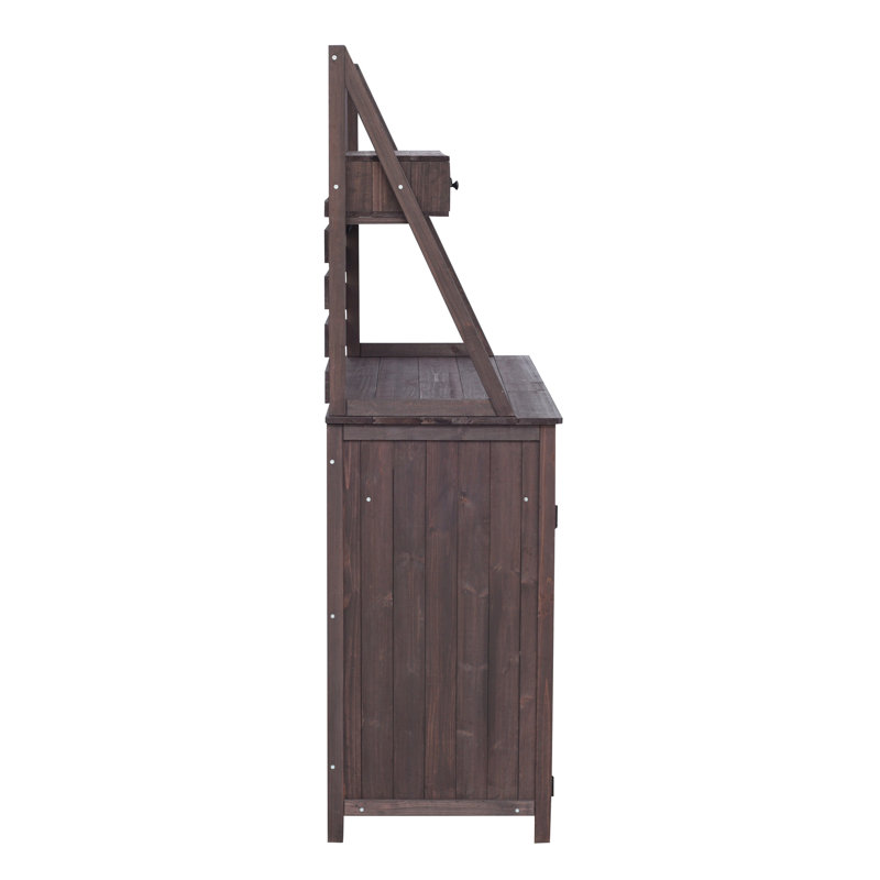 Banc de rempotage en bois de sapin avec 5 tiroirs, panneau à lattes pour un rangement personnalisé, comptoir ergonomique de 35,5 pouces, banc de démarrage idéal pour les semis et le travail à l'extérieur brun, système de tiroir avec une grande capacité de rangement,