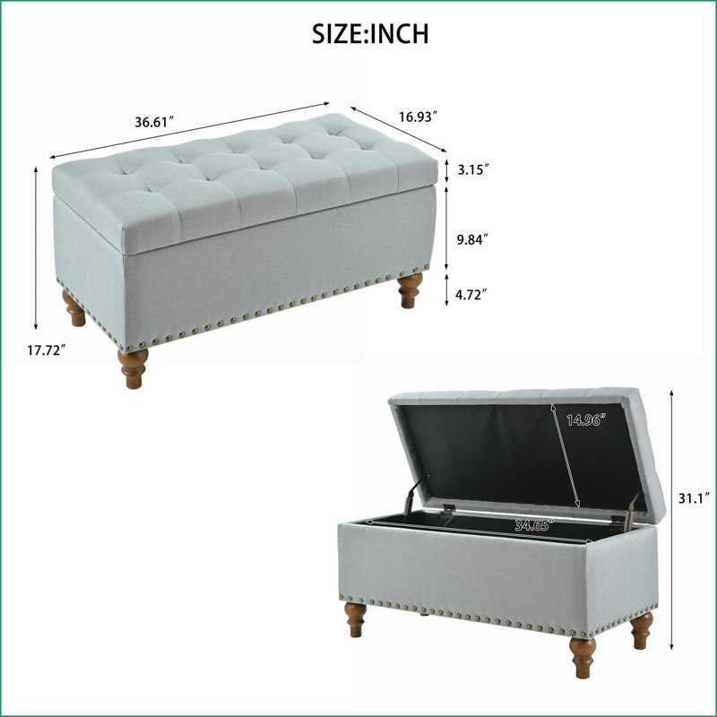 Banc de rangement repose-pieds avec charnière encastrée Bordure de rivet - Gris clair pour chambre à coucher / salon | Noyer brun | Bois