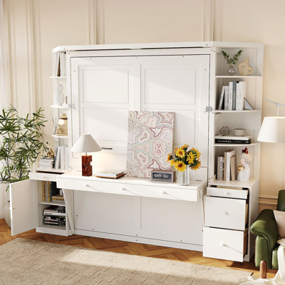 Grand lit escamotable avec bureau, tablettes et armoires de rangement, lit escamotable mural pour bureau à domicile peu encombrant, lumières