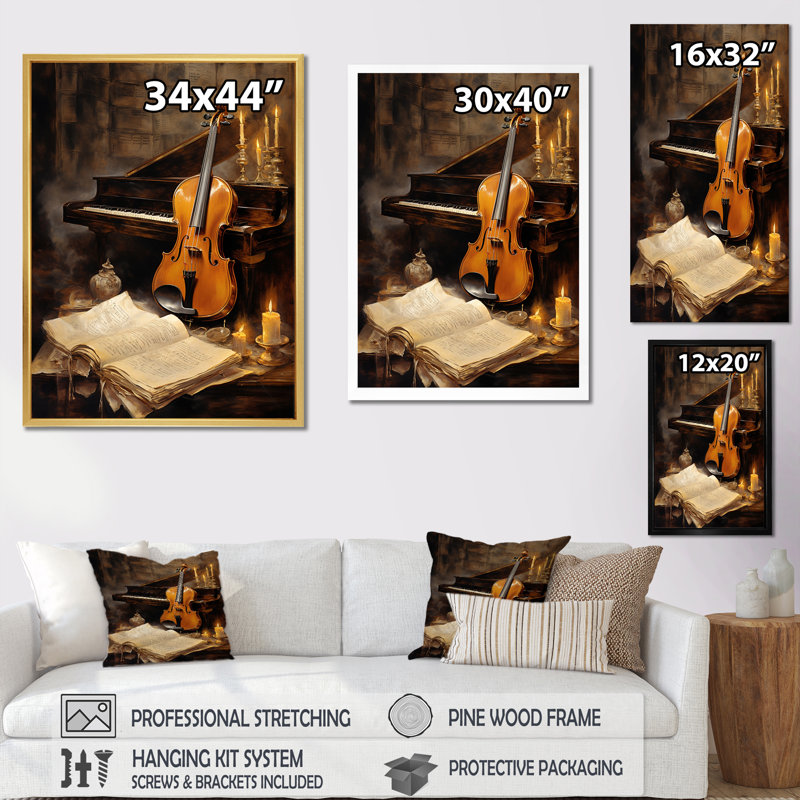 Violon rétro et harmonie piano II sur toile, Cadre flottant doré, H 44 po x l 34 po