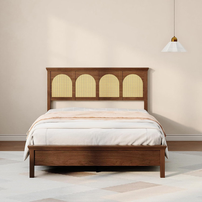 Queen Bed Frame with Rattan Headboard, Storage Shelf, Underbed Storage & Silent Slats, Queen