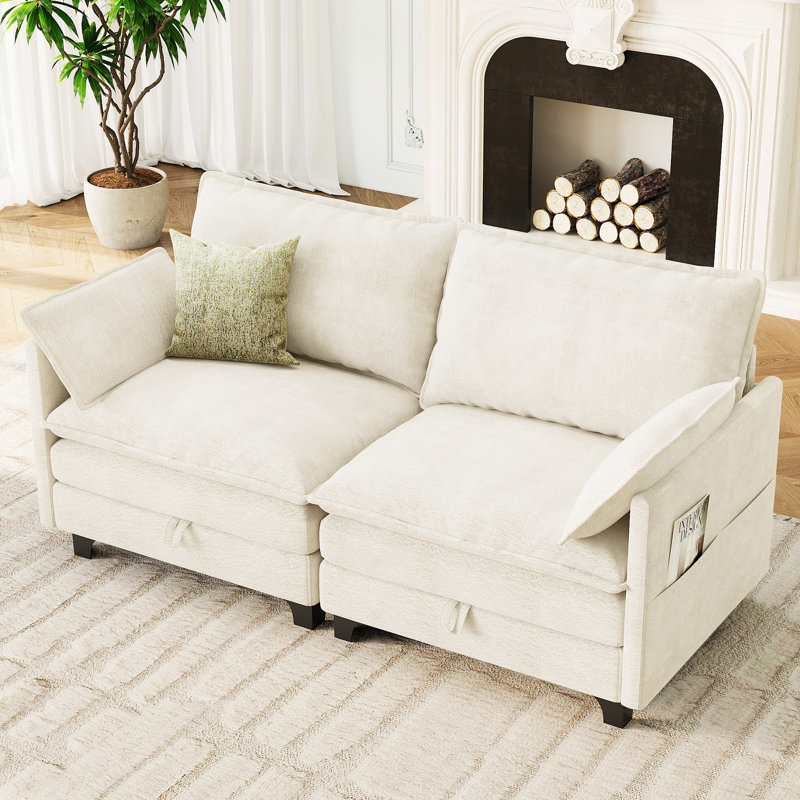 Modern Chenille Loveseat with Durable High-Density Foam and Two Throw Pillows, Beige