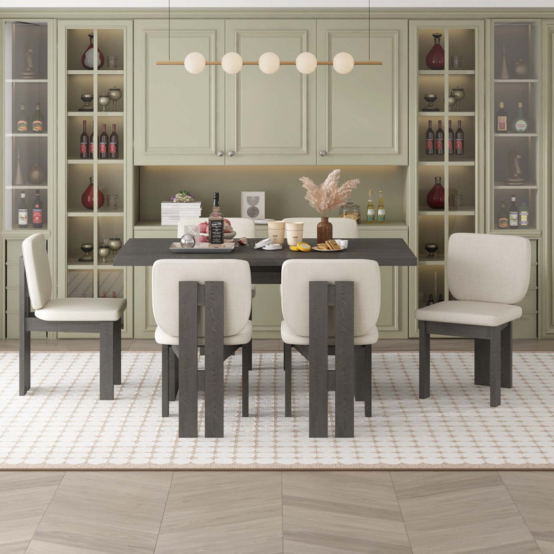 Ensemble de salle à manger rétro 7 pièces, 1 table rectangulaire avec base à tréteaux et 6 chaises rembourrées pour la salle à manger et la cuisine