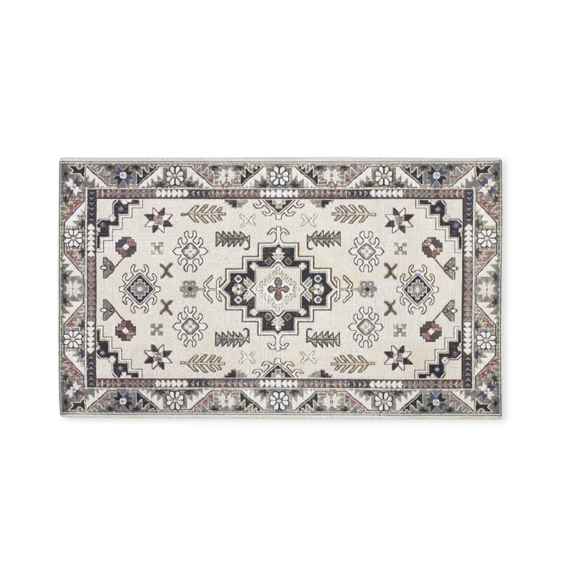 Ivory and Black Rectangular Washable Cotton Kitchen Mat