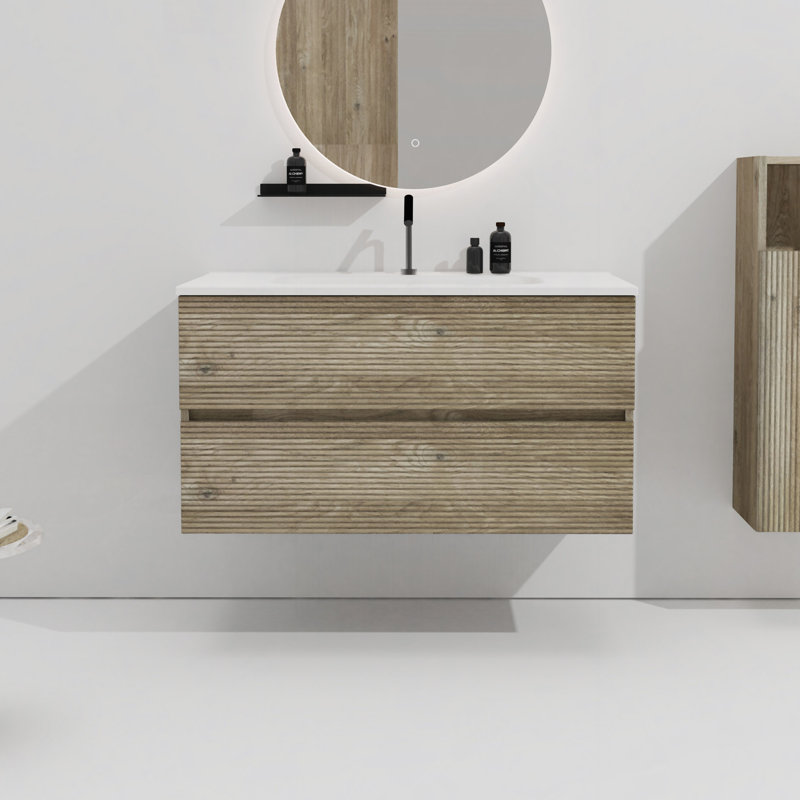 Meuble-lavabo mural en chêne brut et chêne brut avec lavabo en céramique intégré avec trop-plein, grand meuble-lavabo flottant de rangement pour salle de bain moderne, pré-assemblé