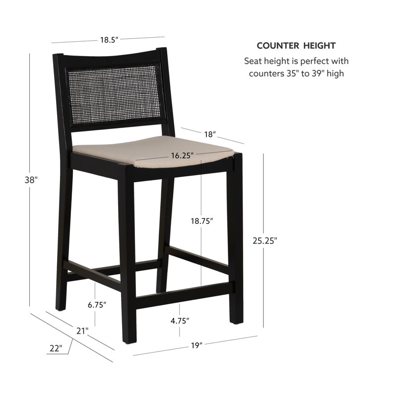 Donner Cane Back Upholstered Seat Count Bar Stool, Black, Counter Stool (25.25" Seat Height)