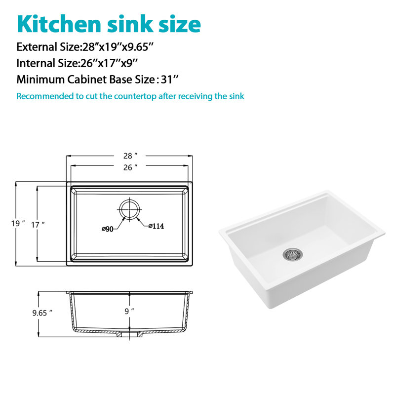 Station de travail en évier de cuisine encastré en composite de granite 28 po x l 19 po, Blanc