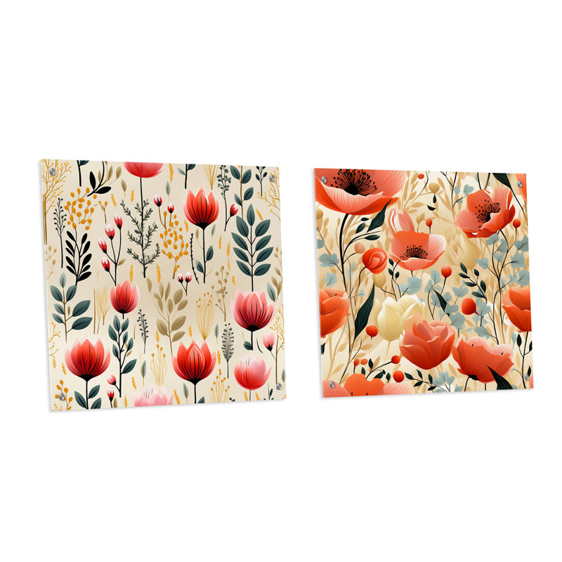 Motif floral artistique artistique I - ensemble de 2 verres muraux en acrylique, H 16 po x l 33 po