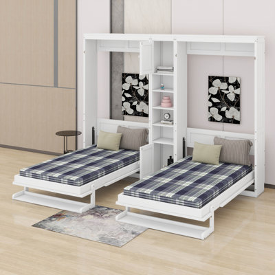 Lit escamotable simple double Designs, lit mural en bois avec armoires et tablettes