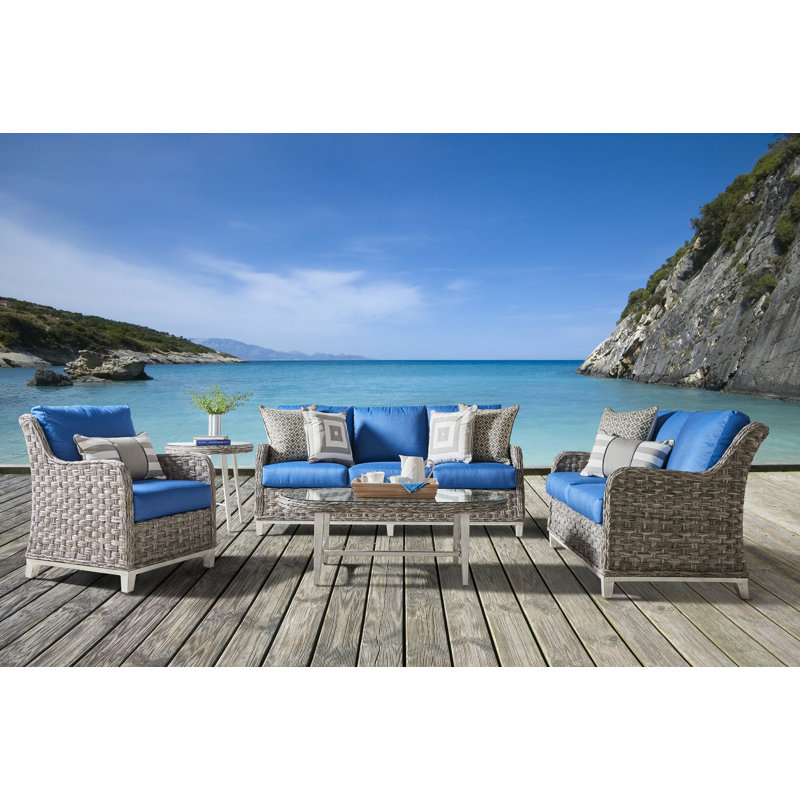 Craut 75'' Wide Premium All-Weather Wicker Patio Sofa with Cushions, Blue Sunbrella®