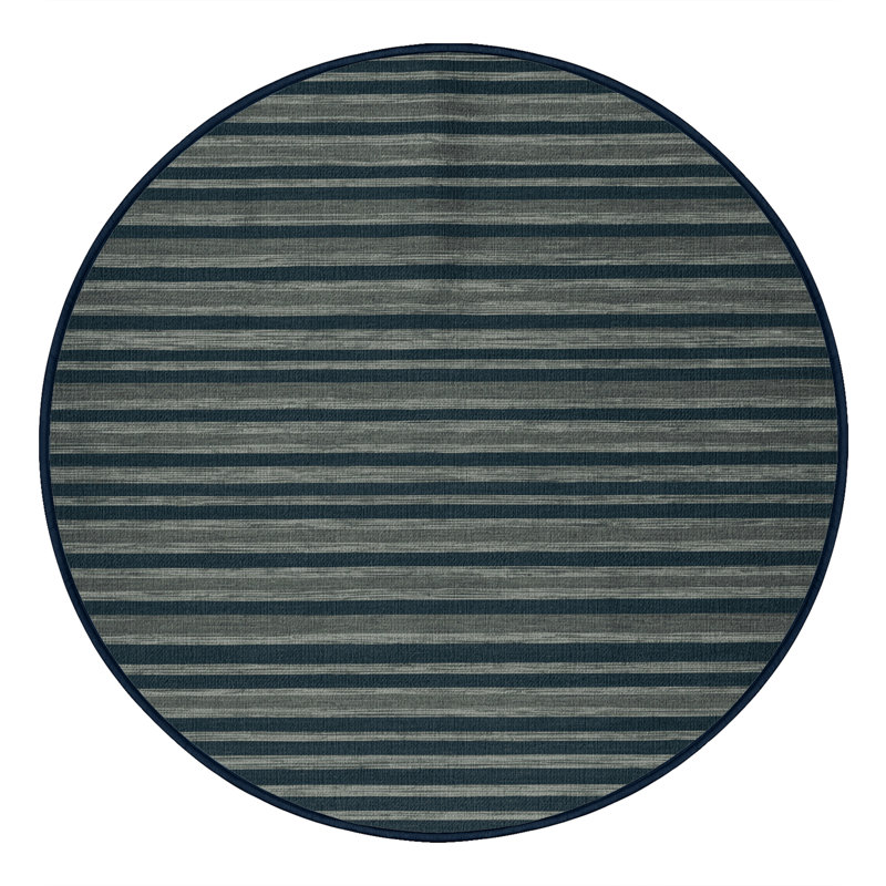 Machine Washable Horizontal Stripes Blue Area Rug, Round 3'