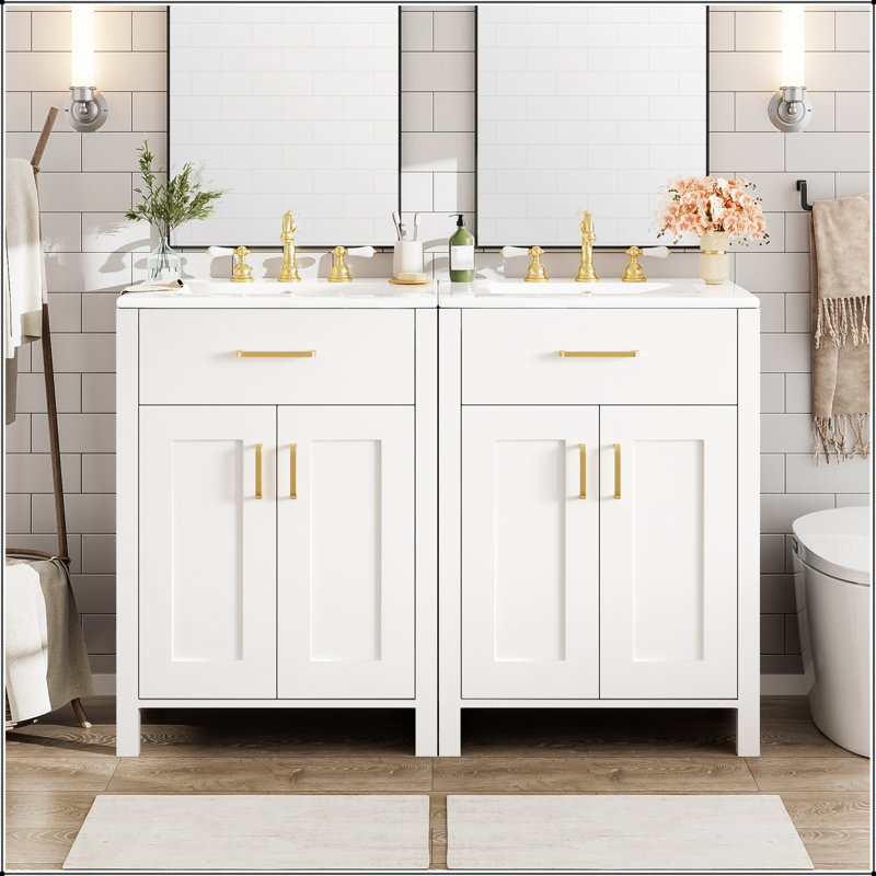 Meuble-lavabo moderne de 48 pouces avec lavabo en céramique, portes à fermeture en douceur, tiroir rabattable et tablettes de porte à double couche pour un rangement élégant