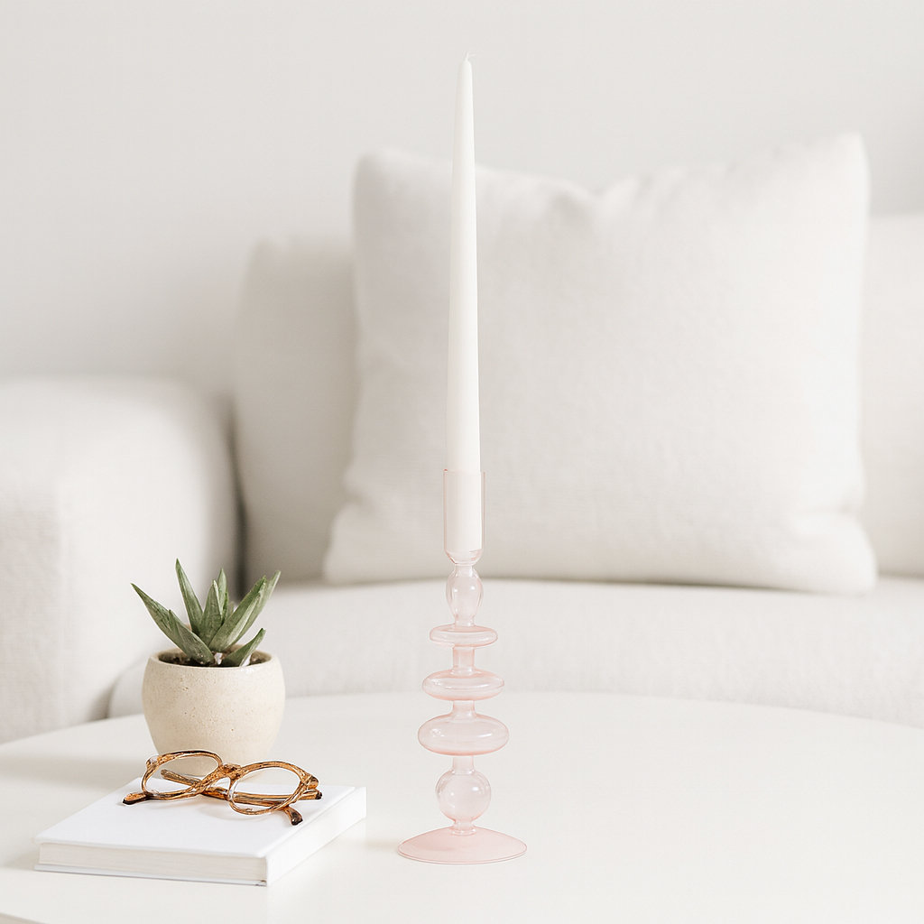 Rockleigh Glass Candlestick Holder, Pink, 11" H x 4" W x 4" D