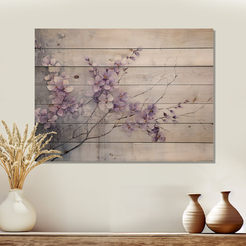 Purple Minimalism Violets - Violets Wood Panel Wall Art On Natural Pine Wood, 10" H x 20" W
