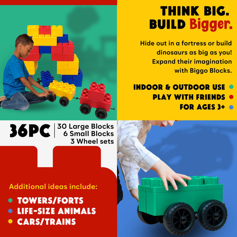BiggoBlocks Jumbo Blocks, 36 PC Set with Wheels, for Kids Ages 4-8