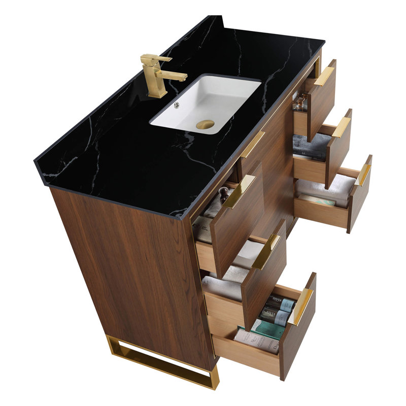 Meuble-lavabo sur pied simple avec plateau en pierre 48 po Gerzon, Noyer ébène, Laiton satiné