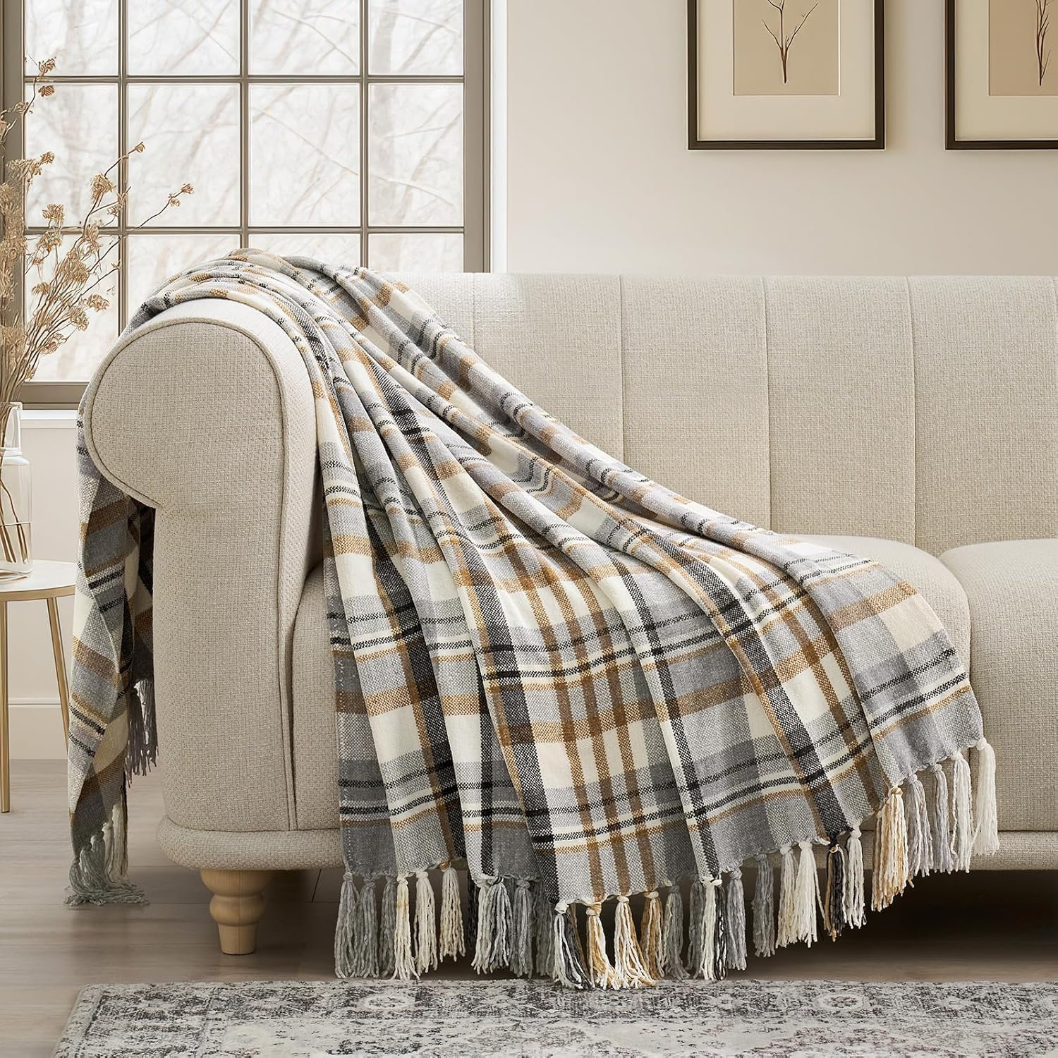 Chenille Throw Blanket, 60" L x 50" W, Gray/Warm Beige Plaid