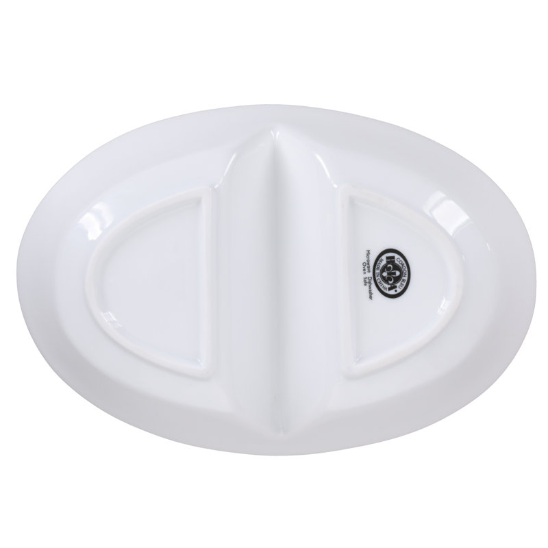 White Ceramic 10.5" Divided Oval Chips and Dip Serving Bowl