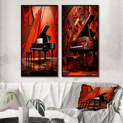Red Grand Piano Cubist Concerto - Music Piano Canvas Art Print Set Of 2