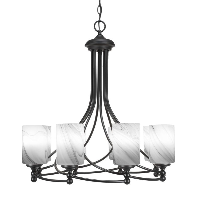 Capri 8 Light Uplight Chandelier Shown In Matte Black Finish With 4" Onyx Swirl Glass