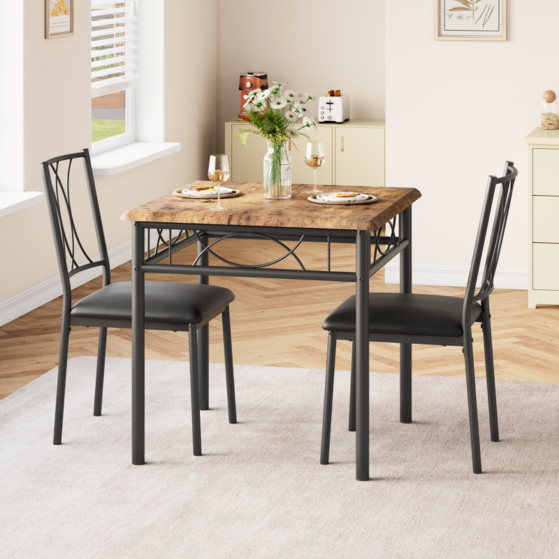 Rustic Brown Square Dining Table with 2 Upholstered Chairs