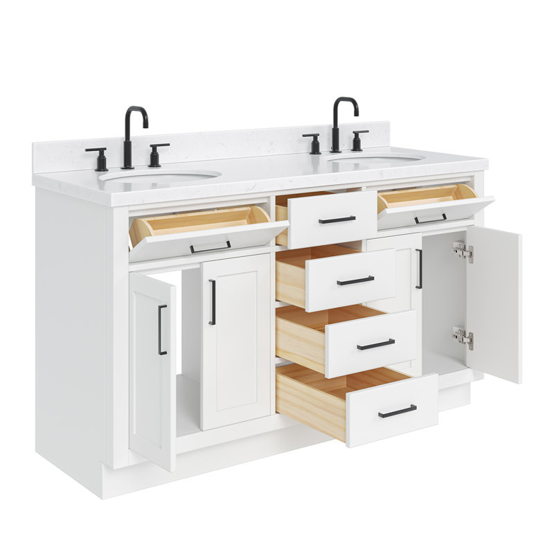 Thornaby  Solid Wood Double Bathroom Vanity with 1.5'' Carrara Quartz Top, White / Matte Black, Oval