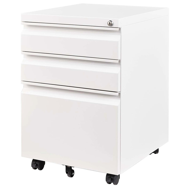 Lockable 3 Drawer File Cabinet For Home Office, White. Fully Assembled Metal Construction. Accommodates Letters/Legal/A4. Secure Document Storage Area. Drawers Have A Removable Pencil Tray.