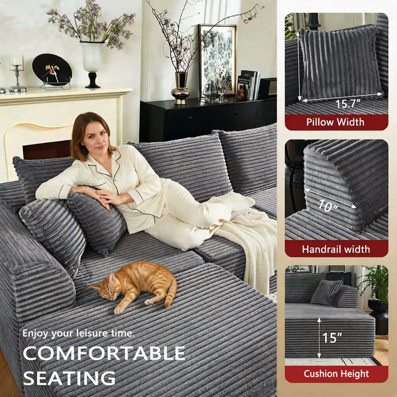 Canapé modulaire gris pour le salon, canapé à compression à siège profond avec mousse à mémoire de forme haute densité, conception rembourrée sans os, aucun assemblage requis