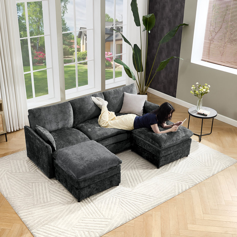 Drago 3-Piece Modern Upholstered Sofa with Ottomans, Dark Gray