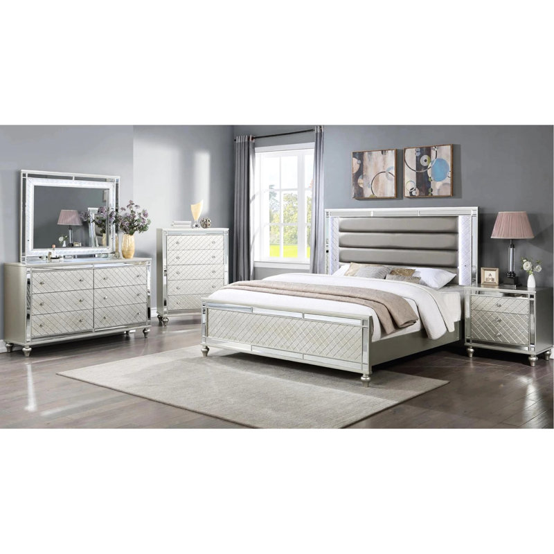 Très grand lit 1pc au fini argenté, canal, éclairage à DEL intégré et lit à panneau de luxe moderne pour chambre à coucher avec
