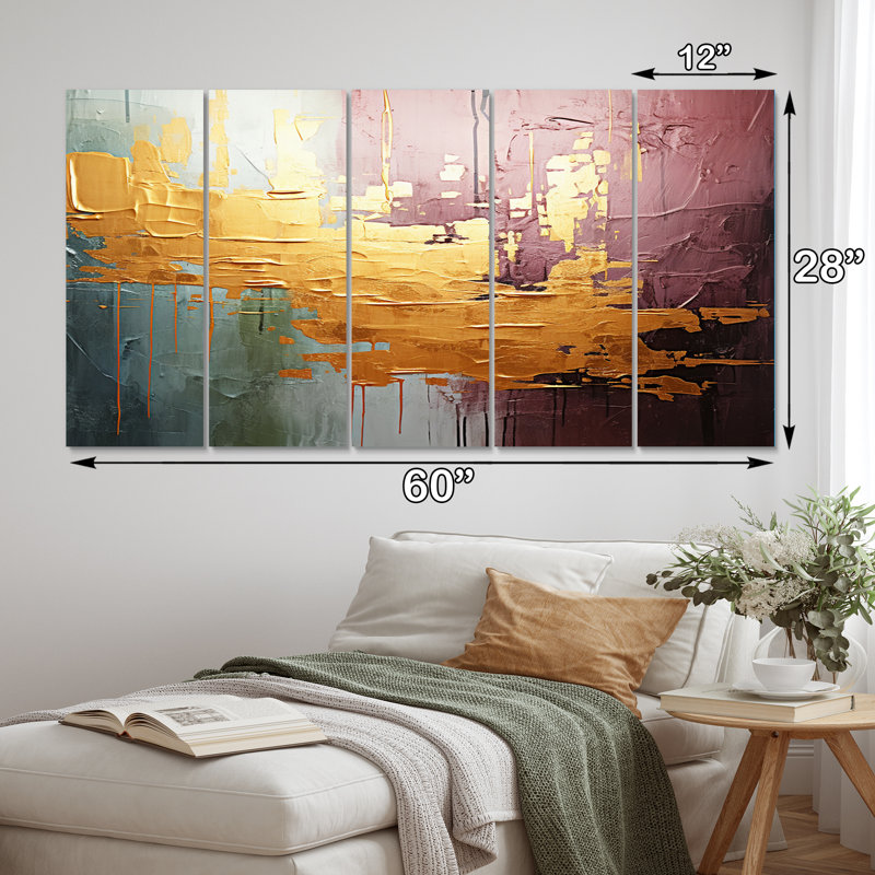 Célébration de la destinée abstraite, rose doré, peinture IV - reproduction sur toile abstraite - 5 panneaux égaux