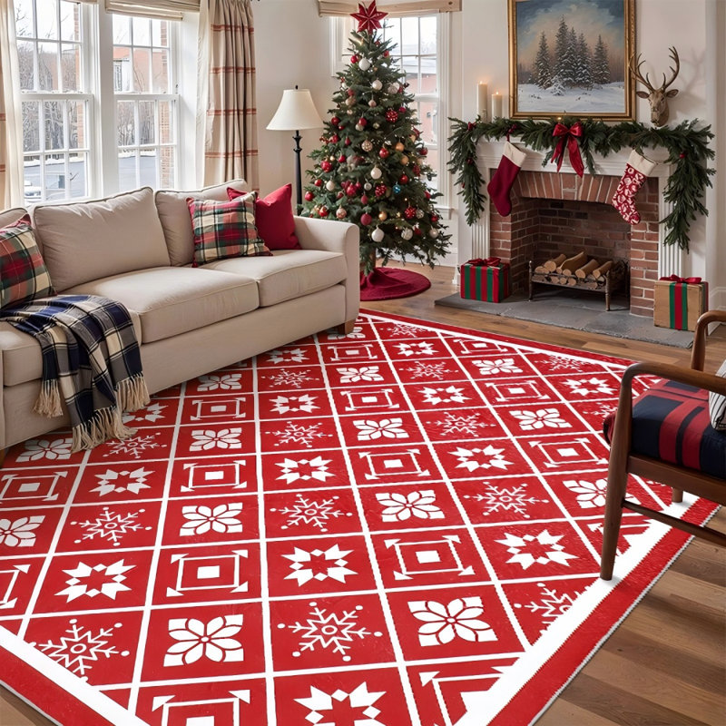 Christmas Crimson Snowflake Pattern Machine Washable Area Rug, Rectangle 5' x 7'