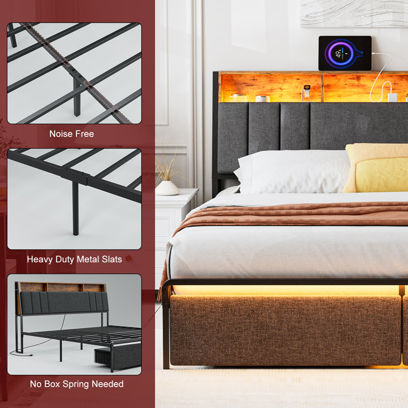 Ivy Bronx Bed Frames With Dustproof Storage Drawer, Ergonomic Hidden Storage Headboard With Charging Station, Upholstered Led Platform Bed, No Box Spring Needed, Easy Assembly