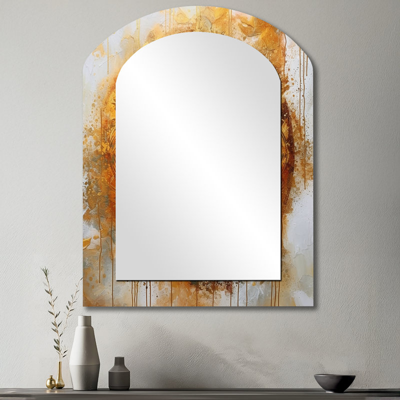 White And Gold Mandala VI - Boho Mandala Arch Decorative Mirror, Traditional Asymmetrical Large Wall Mirror, Printed Metal Art